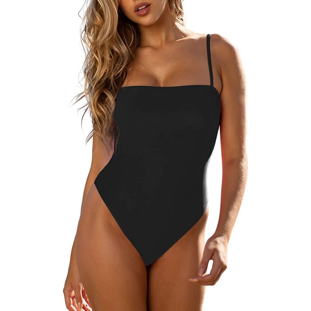 RELLECIGA Women's High Cut Bandeau One Piece Swimsuit, Black, Medium